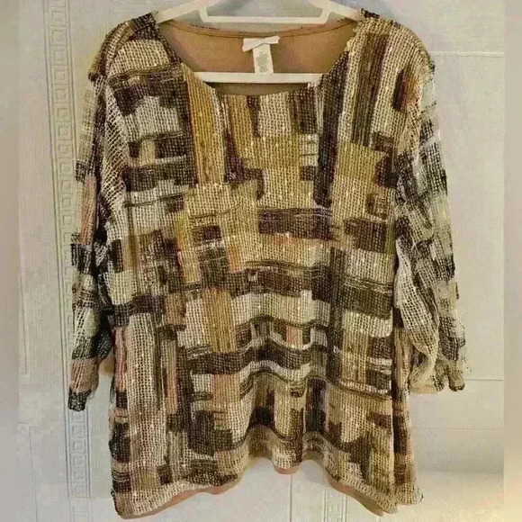 Alfred Dunner Tan and Brown 3/4 Sleeve Mesh Top With Sequin Detail Size … - Picture 1 of 9